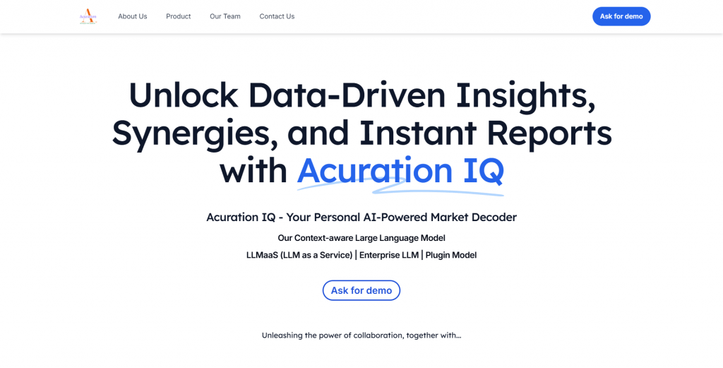 Hero section of the Acuration IQ website featuring the headline "Unlock Data-Driven Insights, Synergies, and Instant Reports with Acuration IQ" on a white background with a demo call-to-action button.