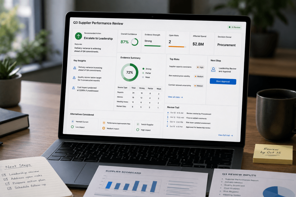 A laptop screen displaying a Q3 Supplier Performance Review dashboard surrounded by printed financial scorecards, a yellow sticky note reading "Review by Oct 15", and a handwritten notebook.