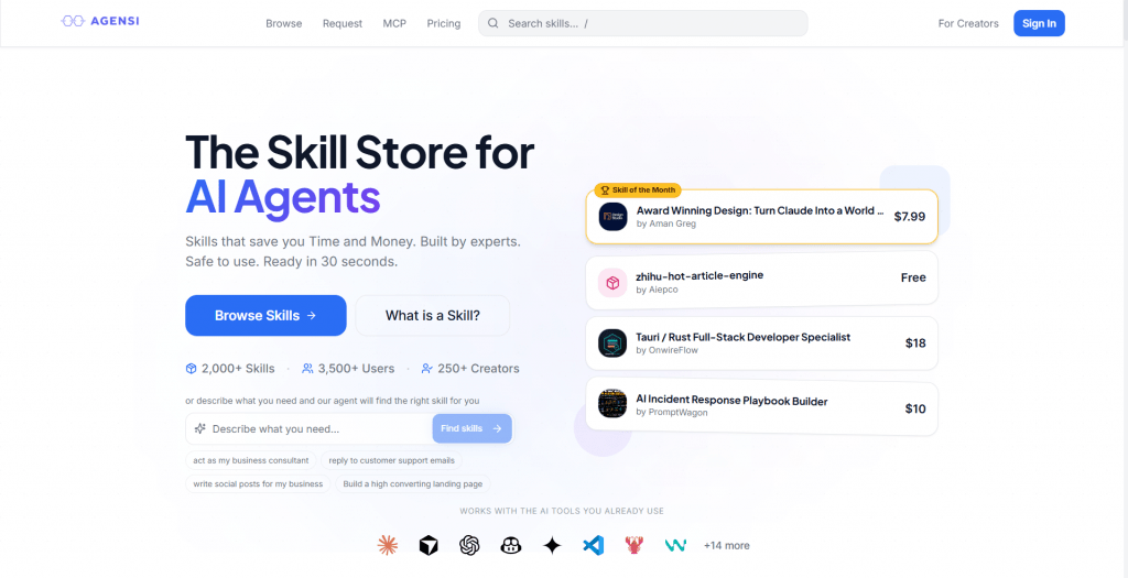 Screenshot of the AGENSI website homepage featuring the headline "The Skill Store for AI Agents" alongside featured AI agent skill listings and a natural language search input.