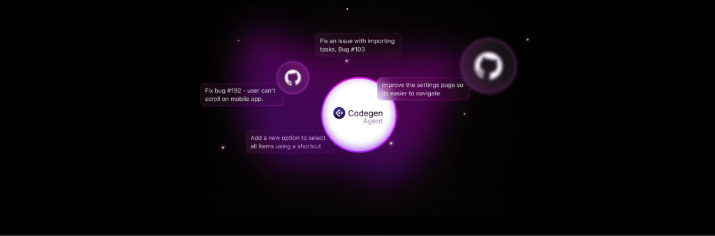 Screenshot of the ClickUp website interface displaying an automated CodeGen task notification detailing a GitHub pull request update and industry efficiency metrics.