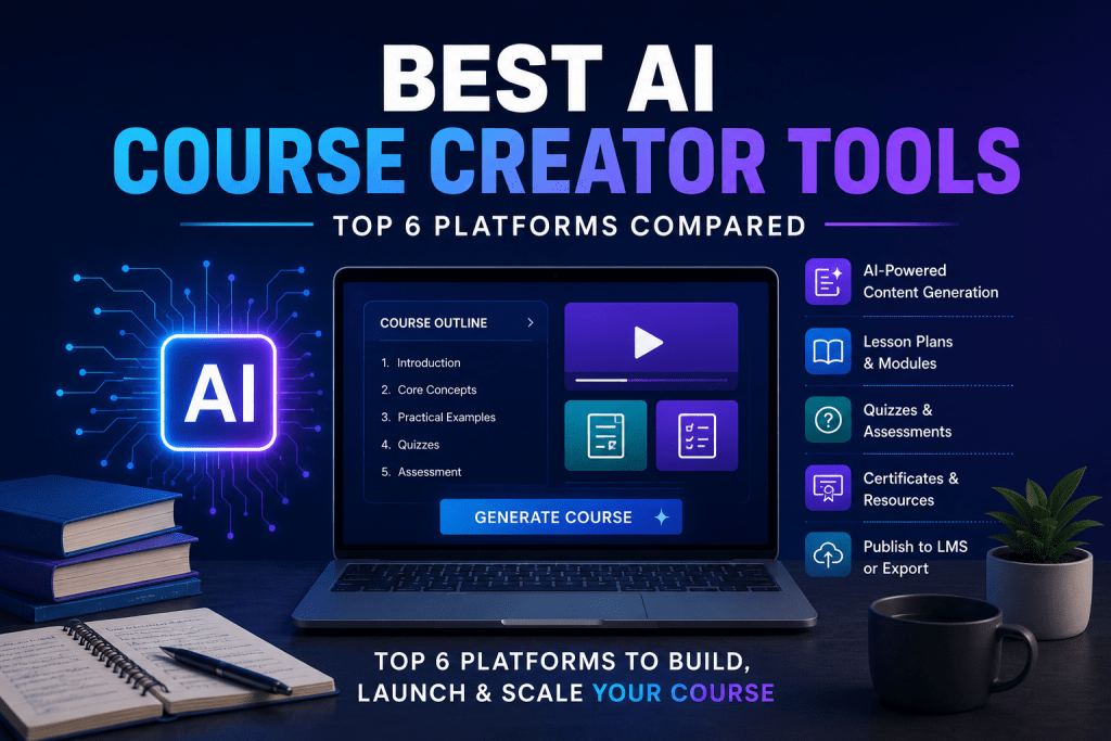 A workspace with a laptop displaying an e-learning platform dashboard, surrounded by a stack of books and floating educational icons below bold text reading "Best AI Course Creator Tools."