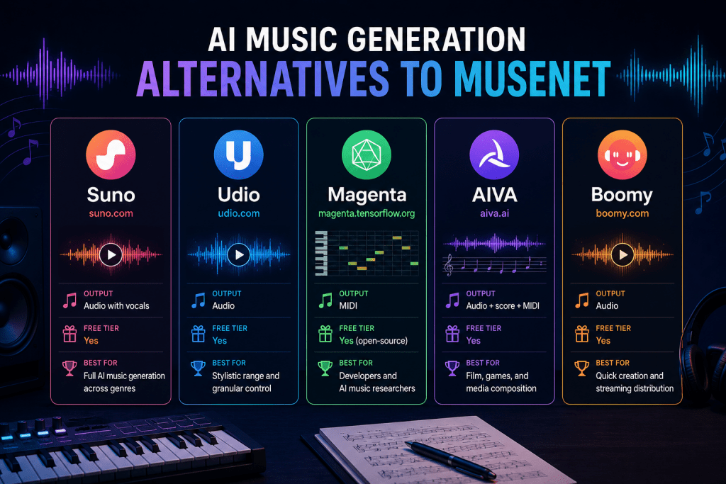 Infographic displaying five AI music generation alternatives to MuseNet: Suno, Udio, Magenta, AIVA, and Boomy, arranged in vertical comparison columns on a dark music studio desk.