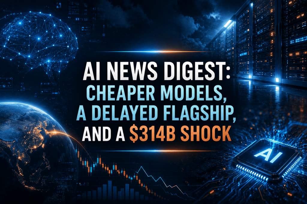 Futuristic tech graphic featuring a glowing digital brain, a planet Earth with a falling stock market chart, a microchip labeled "AI", and a server rack room. Large bold central text reads "AI NEWS DIGEST: CHEAPER MODELS, A DELAYED FLAGSHIP, AND A $314B SHOCK."