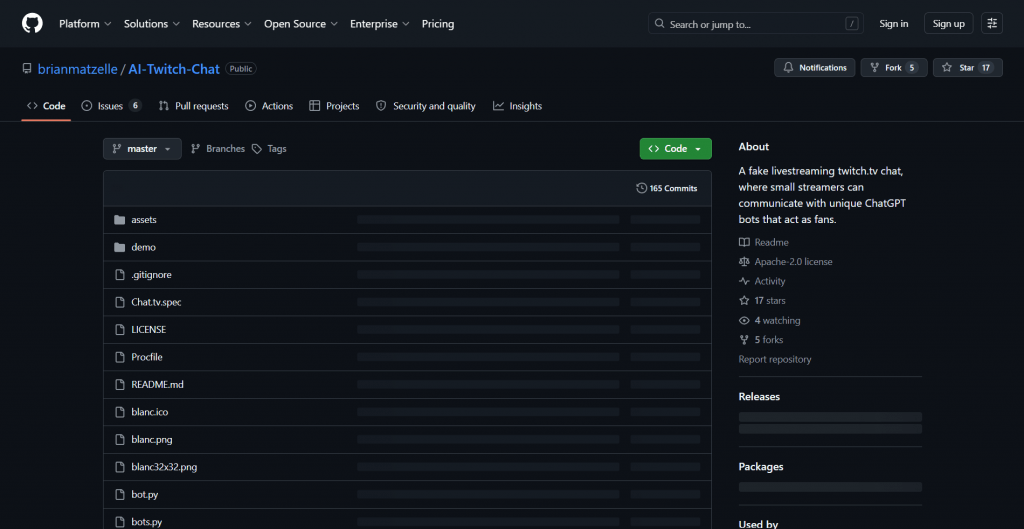 Screenshot of the GitHub repository page for brianmatzelle/AI-Twitch-Chat showing file directories and a description of an AI-powered fake Twitch chat simulator.