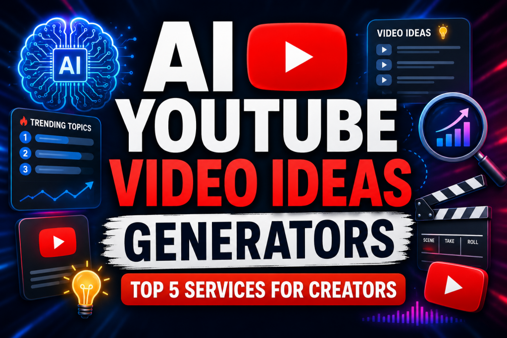 Banner showcasing AI YouTube video ideas generators with logos, trending topics list, film clapperboard, and text reading Top 5 services for creators.