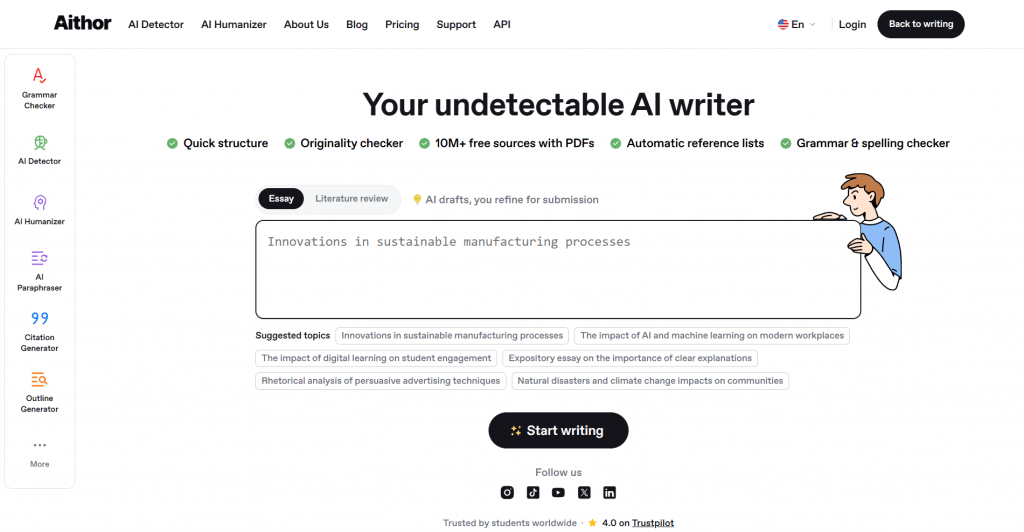 Screenshot of the Aithor homepage interface featuring an essay generation prompt box, suggested topics, and a left navigation sidebar showcasing writing and detection tools.