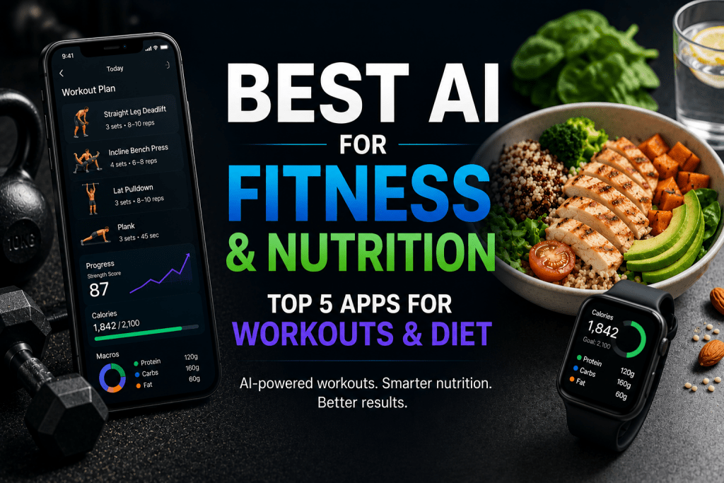 A fitness and nutrition graphic featuring a smartphone displaying a workout plan, a smartwatch tracking calories, and a healthy chicken and quinoa bowl, alongside typography that reads "Best AI for Fitness & Nutrition."