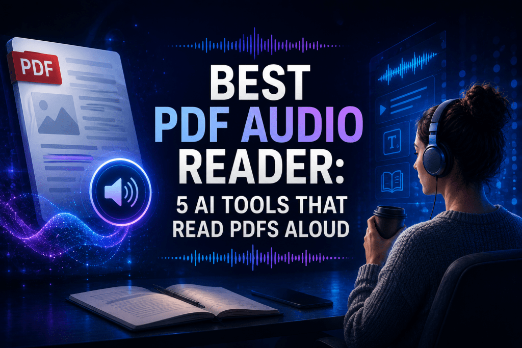 Futuristic graphic featuring a glowing digital PDF document with a speaker icon, headline text reading "BEST PDF AUDIO READER: 5 AI TOOLS THAT READ PDFS ALOUD", and a woman wearing headphones at a desk.