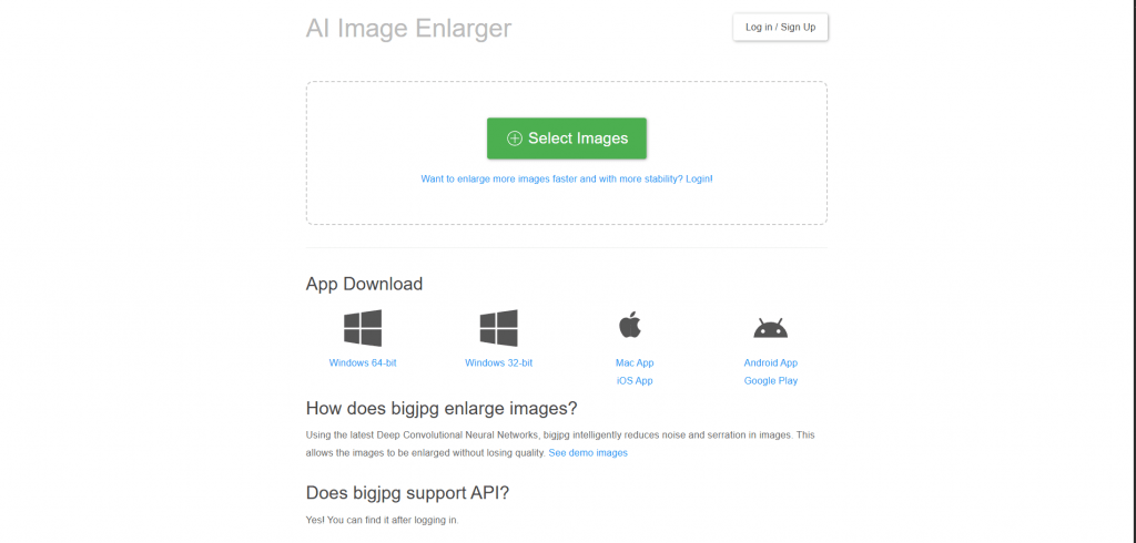 Screenshot of the Bigjpg website homepage featuring a green