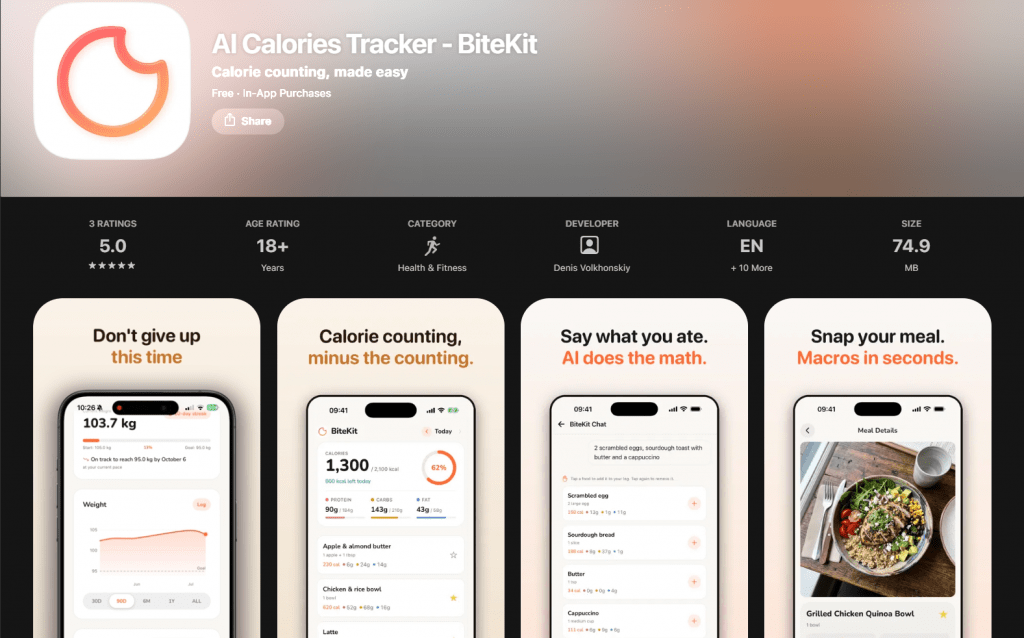 Screenshot of the Apple App Store page for "AI Calories Tracker - BiteKit" featuring four iPhone preview screens highlighting key app features such as calorie counting, voice logging, and meal photo scanning.