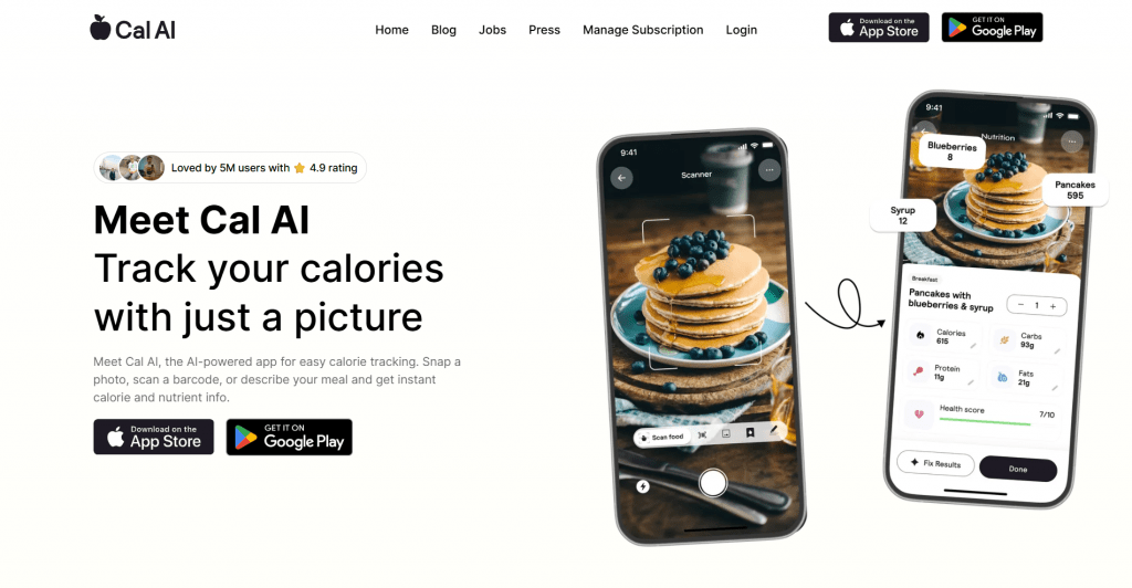 Screenshot of the Cal AI website homepage featuring the headline "Meet Cal AI Track your calories with just a picture" next to two smartphone mockups illustrating a food scanning camera and automated nutrient breakdown.