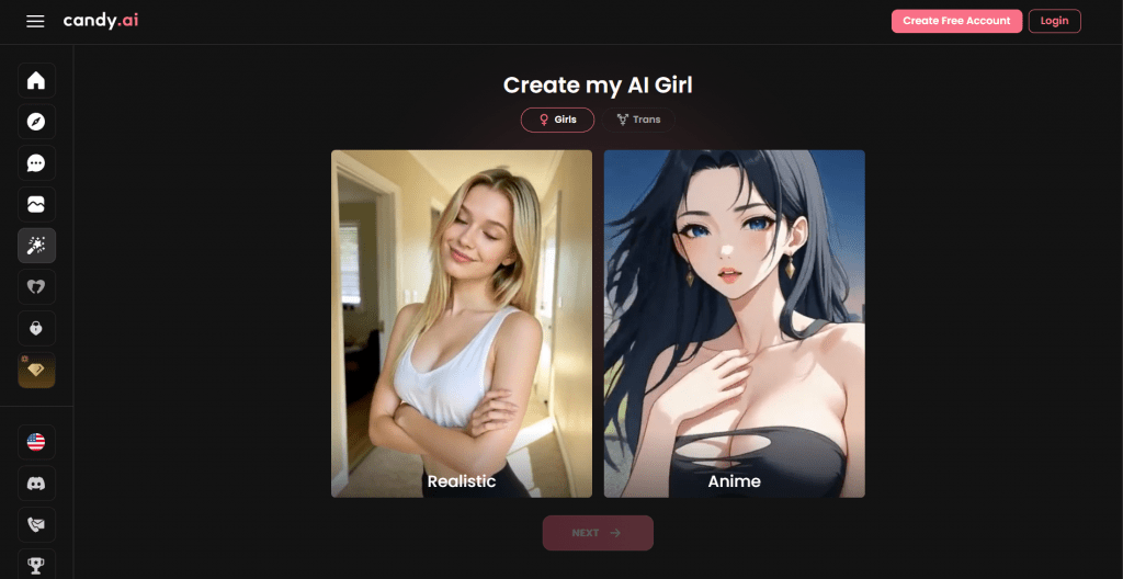 Screenshot of the Candy.ai website character creation screen with options to select between "Realistic" and "Anime" companion styles.