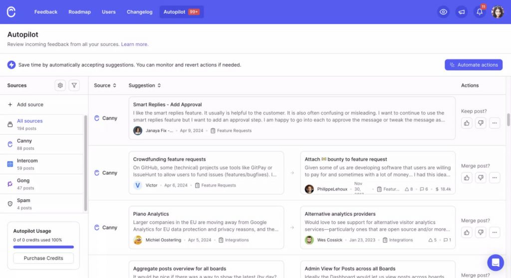 Screenshot of Canny's Autopilot dashboard showing incoming customer feedback posts categorized by sources like Intercom and Gong, alongside AI suggestions for keeping or merging posts.