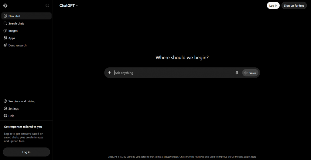 Screenshot of the ChatGPT landing page interface in dark mode, featuring a central search bar that reads "Ask anything" and a left-hand navigation sidebar.