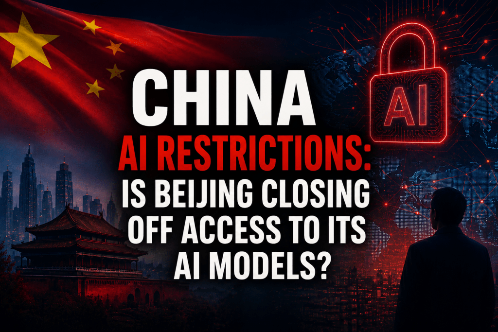 Blog cover graphic featuring the Chinese flag, a digital cityscape of Beijing, and a red glowing neon padlock with 'AI' inside it, accompanied by bold text about China's AI restrictions.