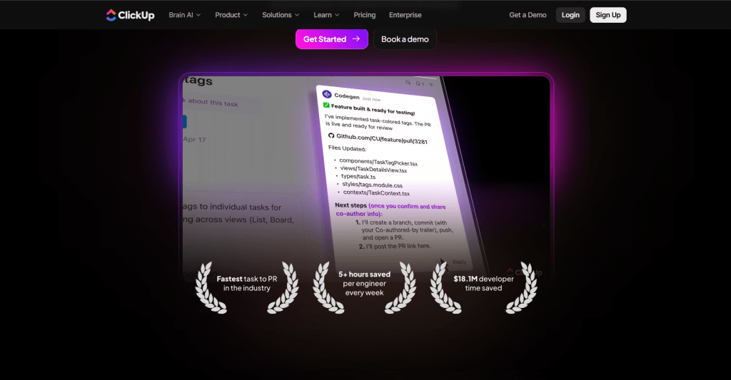 Screenshot of the ClickUp website interface displaying an automated CodeGen task notification detailing a GitHub pull request update and industry efficiency metrics.
