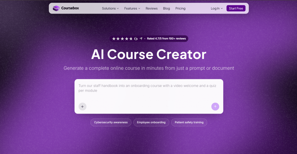Screenshot of the Coursebox website homepage featuring the headline "AI Course Creator" above a central text input field on a textured dark purple background.