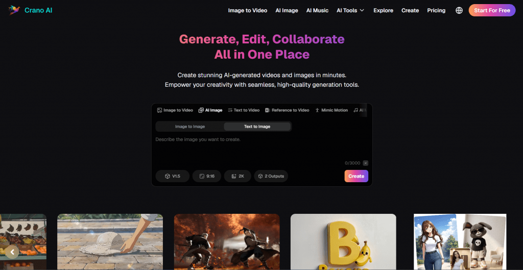 Screenshot of the Crano AI website homepage featuring the headline "Generate, Edit, Collaborate All in One Place" on a dark theme background with an interactive AI generation studio window.