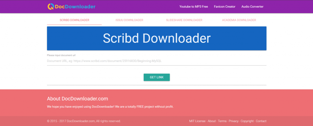 Screenshot of the DocDownloader website interface highlighting the "Scribd Downloader" active tab with a document URL input field and a teal "GET LINK" button.