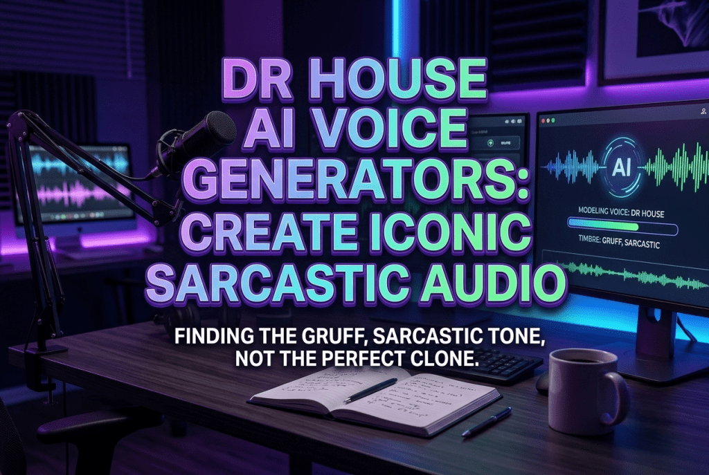 A dark podcast studio setup featuring a wooden desk with a microphone, open notebook, coffee mug, and a computer monitor showing AI voice modeling parameters for "Dr House."