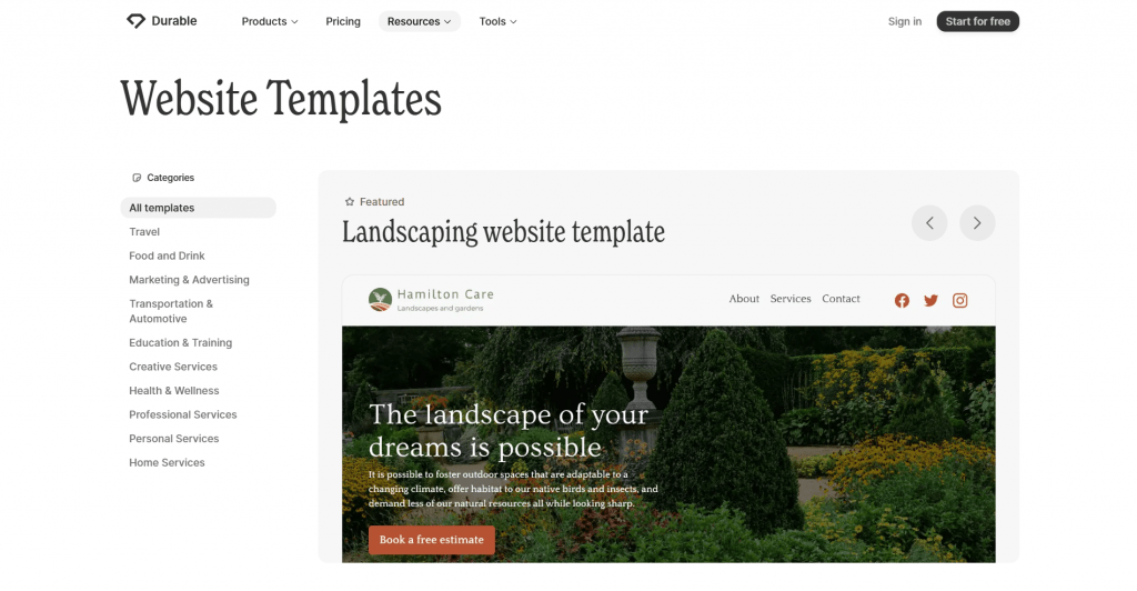 Screenshot of the Durable AI website templates page highlighting a featured "Landscaping website template" for "Hamilton Care" alongside a category navigation sidebar.