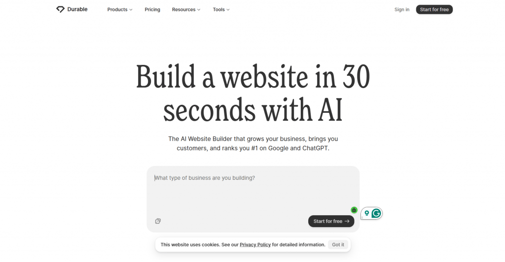 Screenshot of the Durable AI website builder landing page on a clean white background, featuring a bold headline "Build a website in 30 seconds with AI" above an interactive prompt box asking "What type of business are you building?".