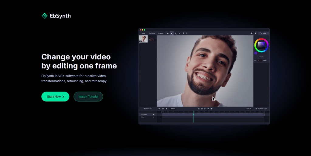 Screenshot of the EbSynth homepage interface featuring the headline "Change your video by editing one frame" next to a software application window displaying video editing panels and a man's face.