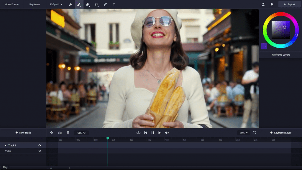 Screenshot of the EbSynth software editor interface displaying a video frame of a smiling woman holding baguettes on a city street, flanked by editing panels and a color wheel.
