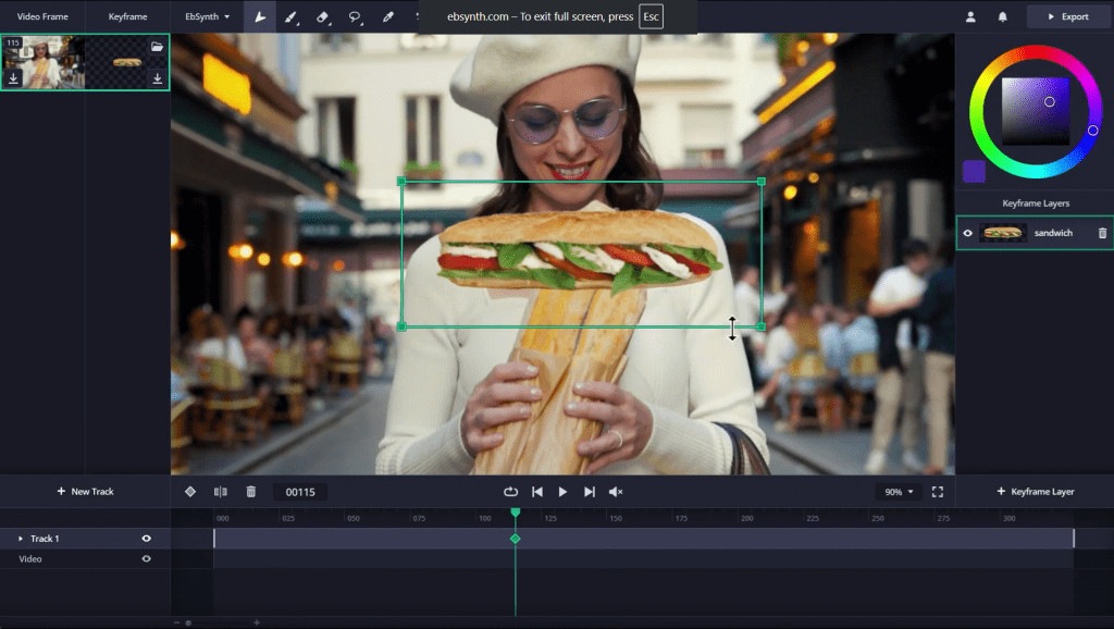 Screenshot of the EbSynth software editor interface displaying a video frame of a smiling woman holding baguettes on a city street, flanked by editing panels and a color wheel.