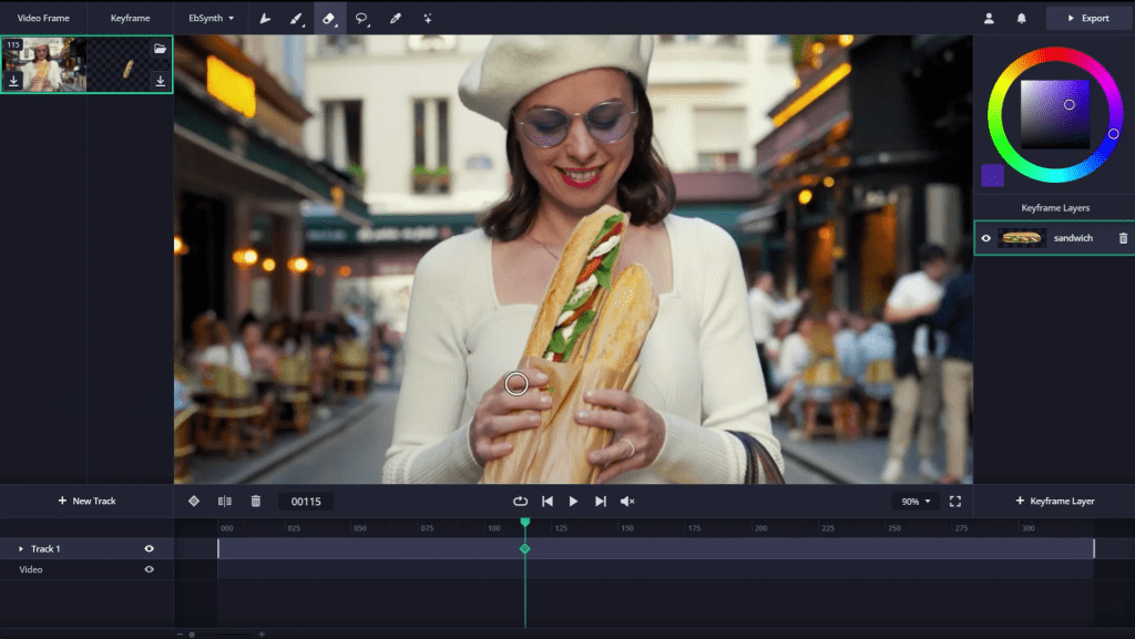 Screenshot of the EbSynth interface showing an edited video frame where a baguette has been transformed into a sandwich with tomatoes and mozzarella, with a designated "sandwich" layer visible on the right.