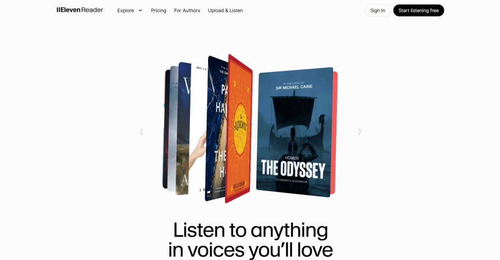 Screenshot of the ElevenReader website landing page featuring a 3D carousel display of audiobook covers—including Homer's "The Odyssey"—above headline text reading "Listen to anything in voices you'll love".