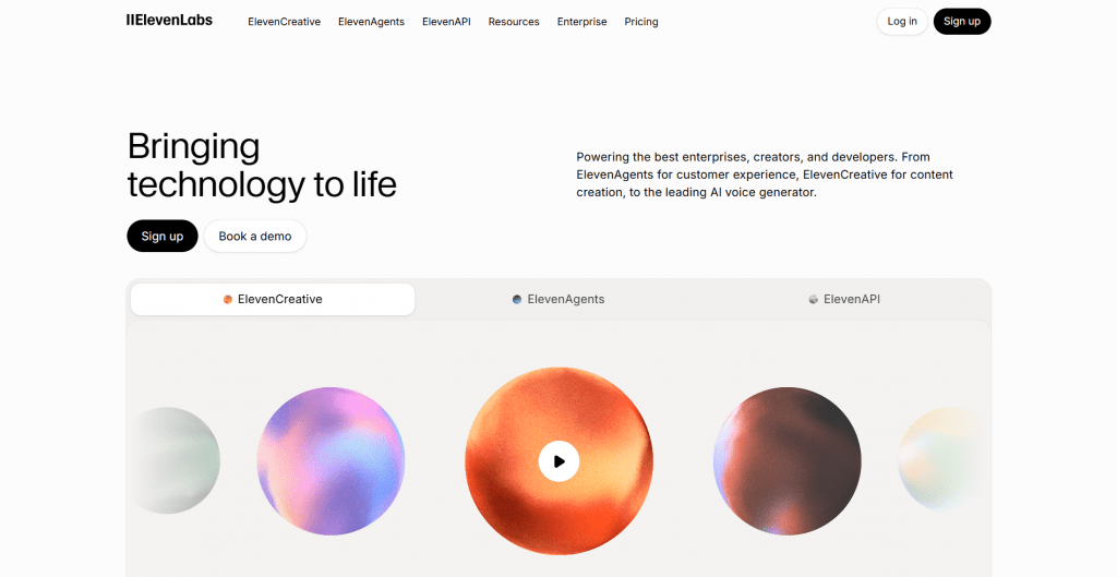 Screenshot of the ElevenLabs homepage featuring the headline "Bringing technology to life" on a clean white background with interactive product tab selections and 3D textured spheres.