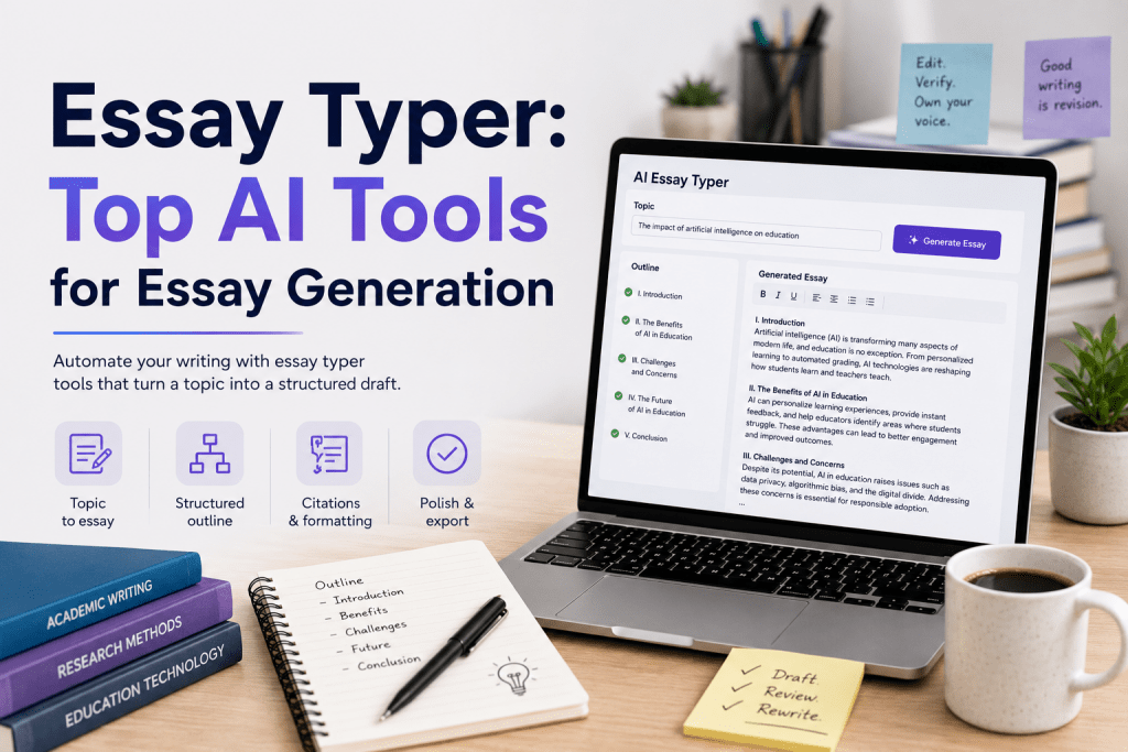 A workspace desk with a laptop displaying an AI Essay Typers software interface next to a notebook, textbooks, and a coffee mug, alongside typography reading "Essay Typer: Top AI Tools for Essay Generation."