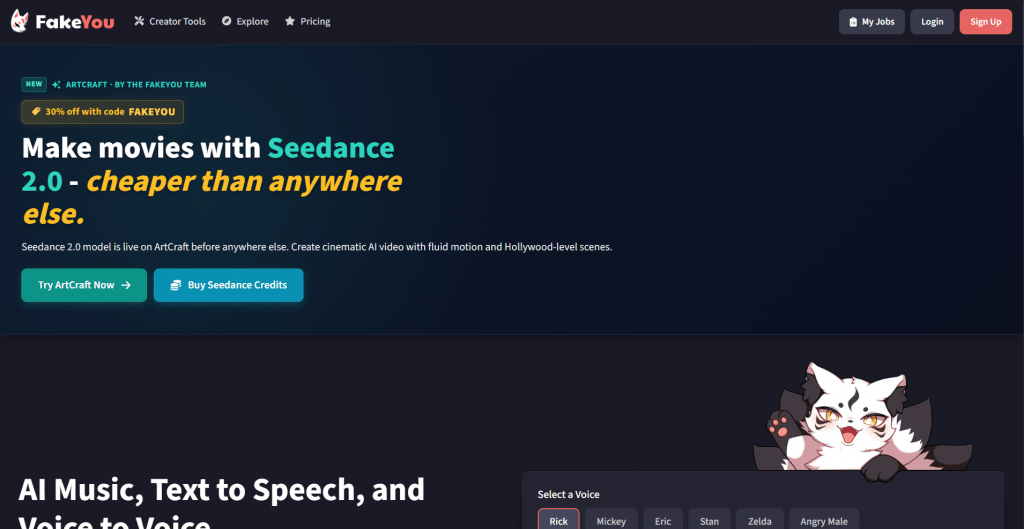 Screenshot of the FakeYou website homepage featuring a promotion for the Seedance 2.0 AI video model and a preview of their AI voice selection tool featuring an anime-style cat mascot.