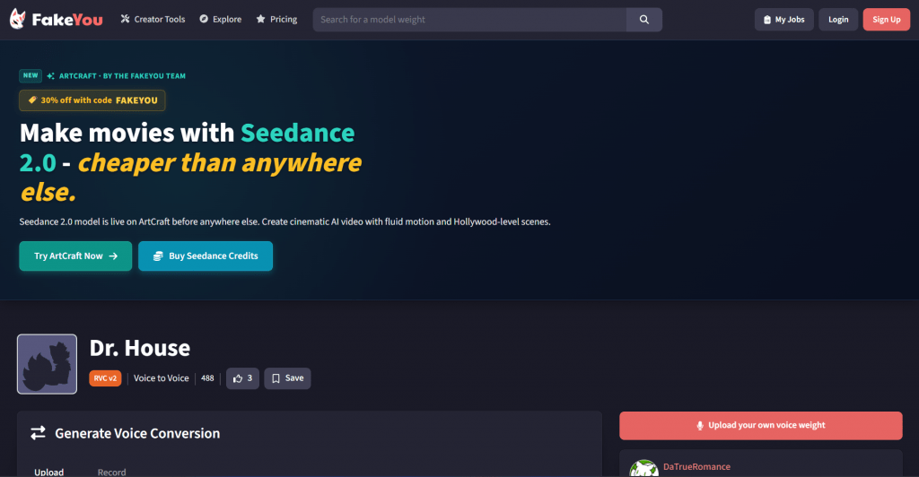Screenshot of the FakeYou website page for the "Dr. House" RVC v2 Voice to Voice AI model, showing voice conversion controls and a Seedance 2.0 promotional banner.