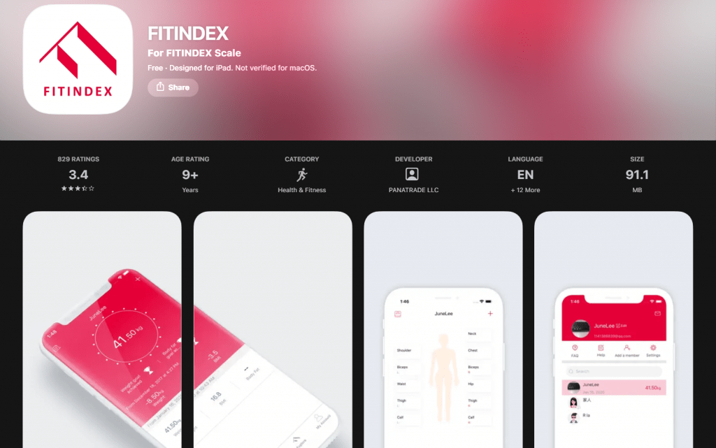 Screenshot of the Apple App Store page for "FITINDEX - For FITINDEX Scale" featuring app metadata, a red logo, and four preview screenshots displaying body composition metrics and user profile screens.