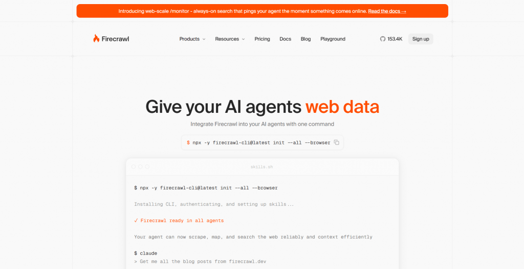 Screenshot of the Firecrawl homepage featuring the headline "Give your AI agents web data" alongside an interactive terminal command block for installing the Firecrawl CLI.