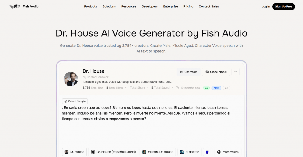 Screenshot of the Fish Audio website landing page featuring the Dr. House AI Voice Generator with voice model metadata and a Spanish text sample.
