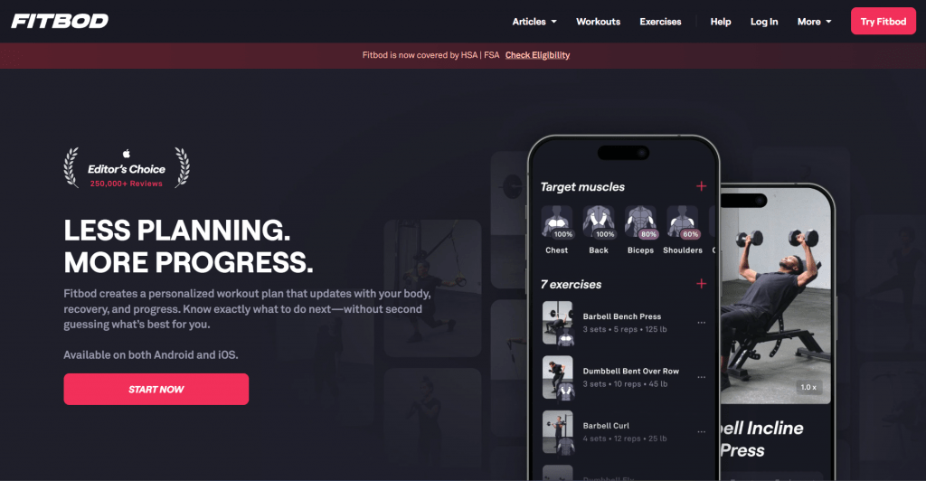 Screenshot of the Fitbod website interface featuring the headline "LESS PLANNING. MORE PROGRESS." next to smartphone mockups displaying personalized workout tracking and exercise routines.