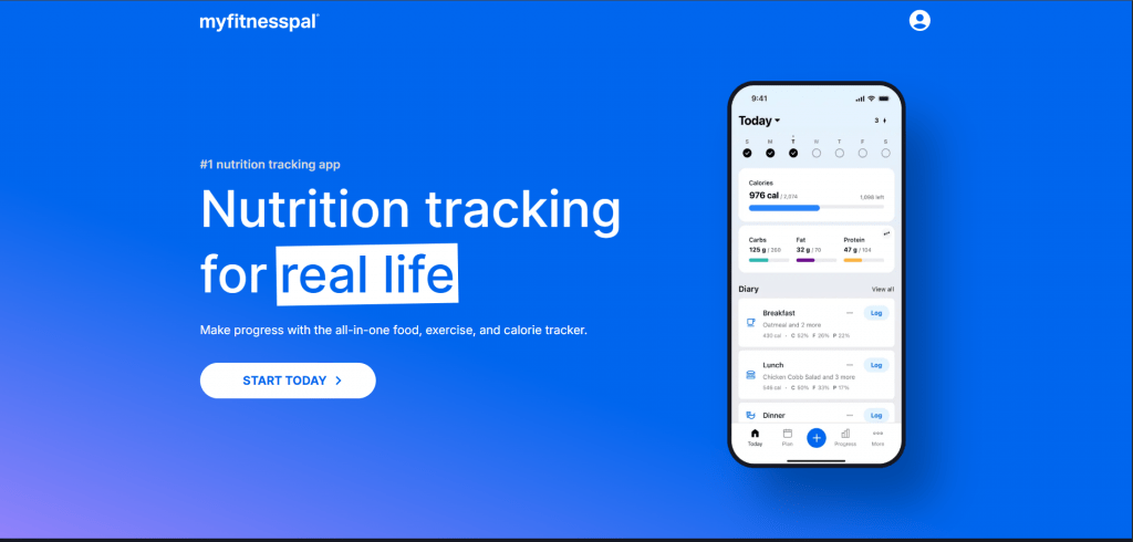 Screenshot of the MyFitnessPal website homepage featuring the headline "Nutrition tracking for real life" next to a smartphone mockup showing a daily food diary and calorie dashboard.