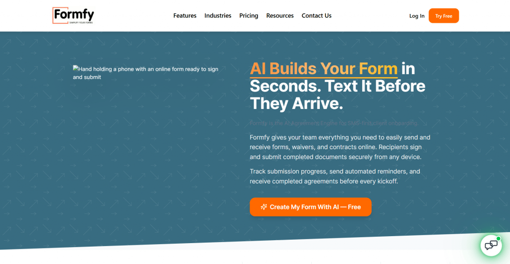 Screenshot of the Formfy landing page featuring a blue geometric arrow pattern background, main headline reading "AI Builds Your Form in Seconds. Text It Before They Arrive.", and an orange "Create My Form With AI — Free" button.