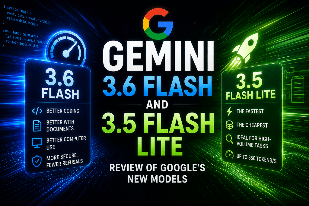 Promotional graphic comparing Google Gemini 3.6 Flash and Gemini 3.5 Flash Lite AI models, detailing features like coding performance, speed, and cost efficiency against a dark tech background.