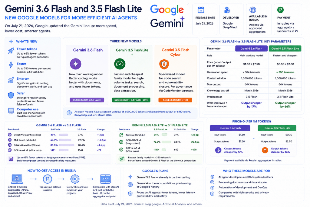 Comprehensive infographic overview of Google's Gemini 3.6 Flash, 3.5 Flash Lite, and 3.5 Flash Cyber models detailing benchmark updates, pricing, key parameters, and availability.
