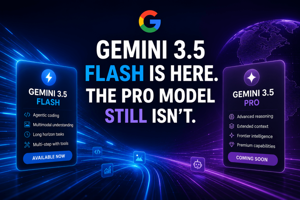 An edited promotional graphic for Google's Gemini 3.5 launch, humorously changing the headline to "THE PRO MODEL STILL ISN'T" next to comparison cards for Gemini 3.5 Flash and Gemini 3.5 Pro.