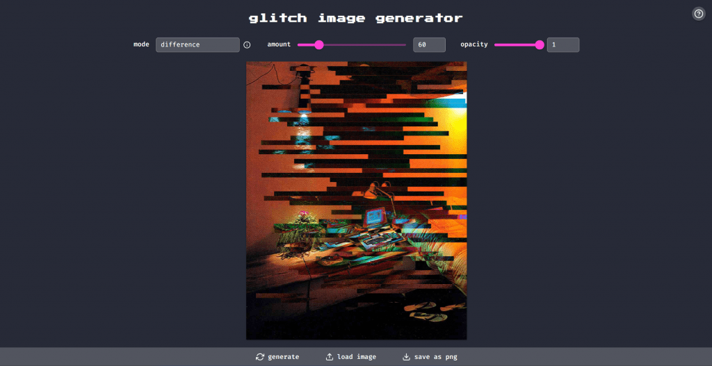 Screenshot of an online glitch image generator interface showing an abstractly distorted room interior with vibrant orange and teal horizontal slice artifacts.