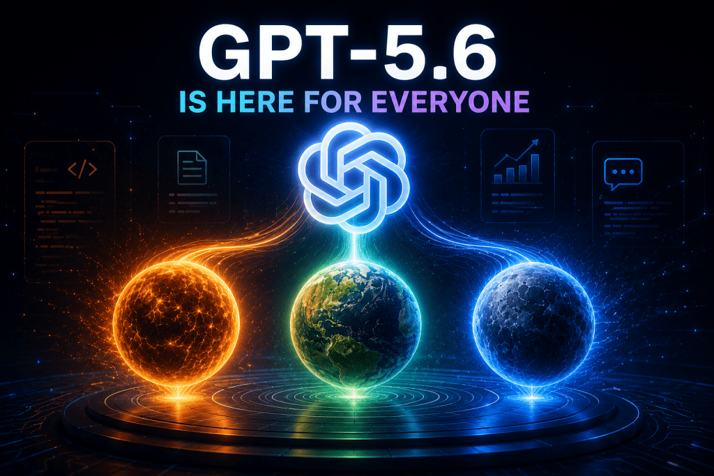 A promotional graphic announcement reading "GPT-5.6 IS HERE FOR EVERYONE" set against a dark space background featuring three detailed planets in orange, green, and blue.