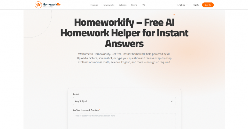 Screenshot of the Homeworkify website homepage showing the headline "Homeworkify – Free AI Homework Helper for Instant Answers" above a homework helper question submission form.