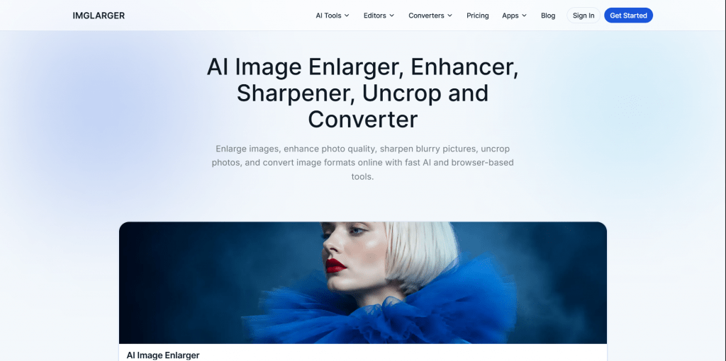Screenshot of the ImgLarger website homepage featuring the headline