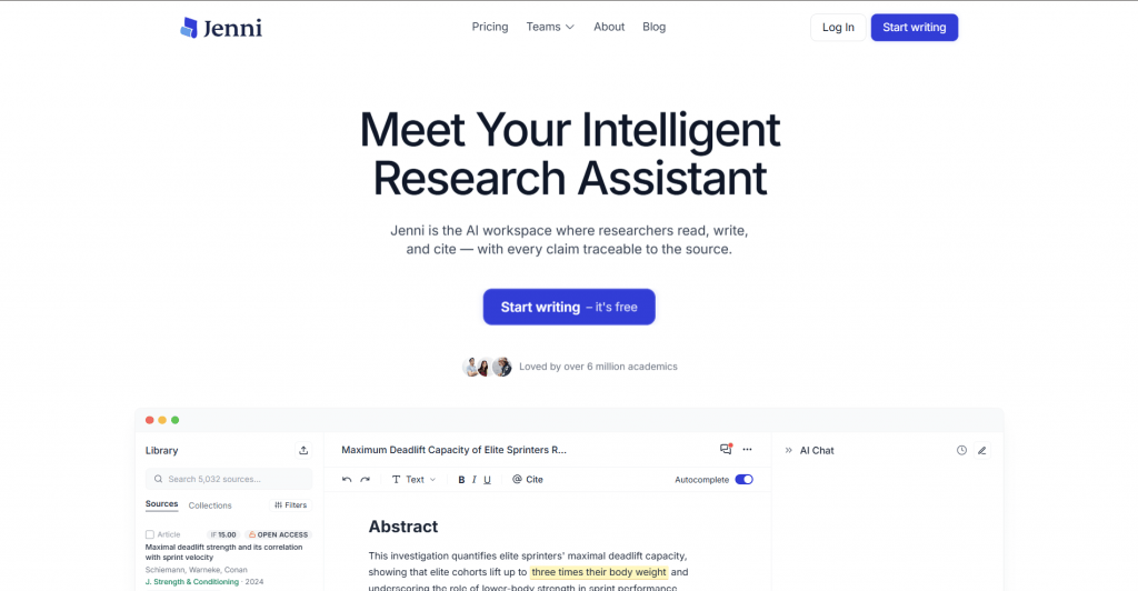 Screenshot of the Jenni AI homepage interface featuring the headline "Meet Your Intelligent Research Assistant" above a preview of the research workspace and document editor.