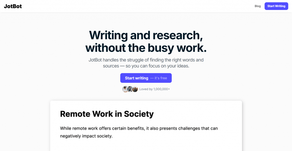 Screenshot of the JotBot homepage interface featuring the headline "Writing and research, without the busy work" above a preview of a text document titled "Remote Work in Society".